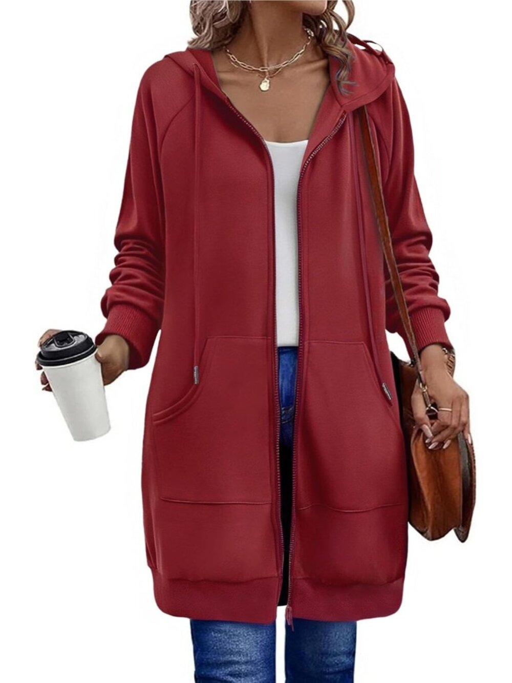 〽️Women's Red Long Fleece Zip Up Tunic Hoodie Oversized Casual Sweatshirt
